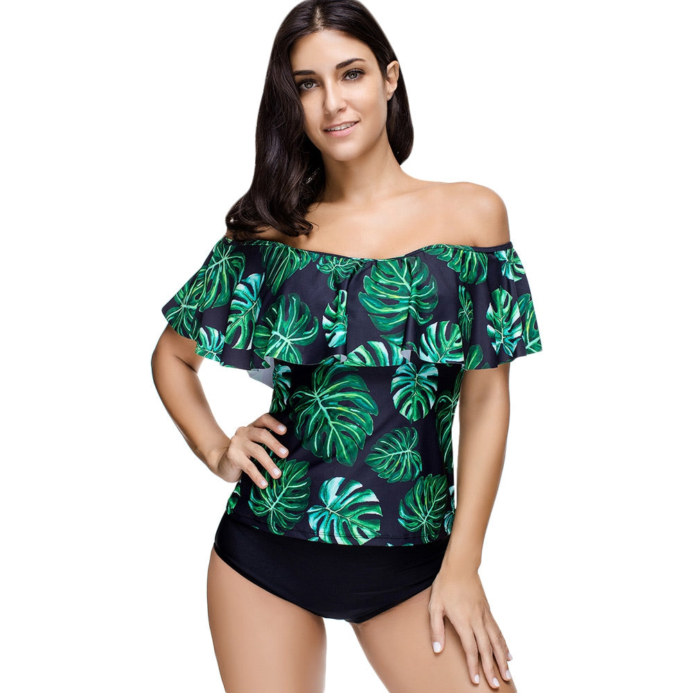 Off Shoulder Flounce Leaves Print Swimsuit