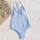 Ribbed Frilled Trim Cami Strap Swimsuit