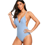 Ribbed Frilled Trim Cami Strap Swimsuit