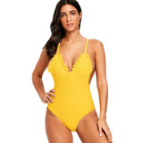 Ribbed Frilled Trim Cami Strap Swimsuit